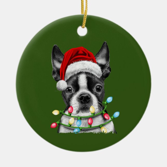 Boston Terrier Santa Julgran Ljus Julafton Julgransprydnad Keramik (Framsidan)