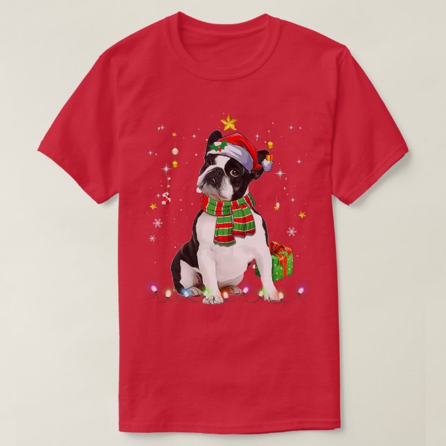 Boston Terrier Santa Julgran Ljus Julafton Pa T Shirt (Design framsida)