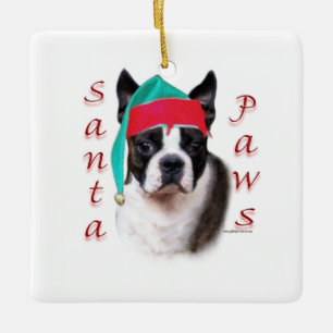 Boston Terrier Santa Tassar Julgransprydnad Keramik