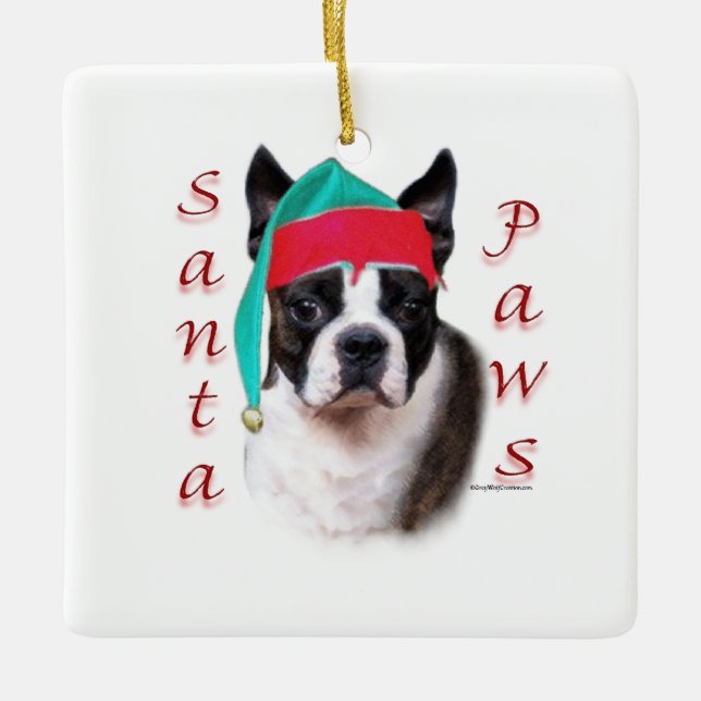 Boston Terrier Santa Tassar Julgransprydnad Keramik (Framsida)