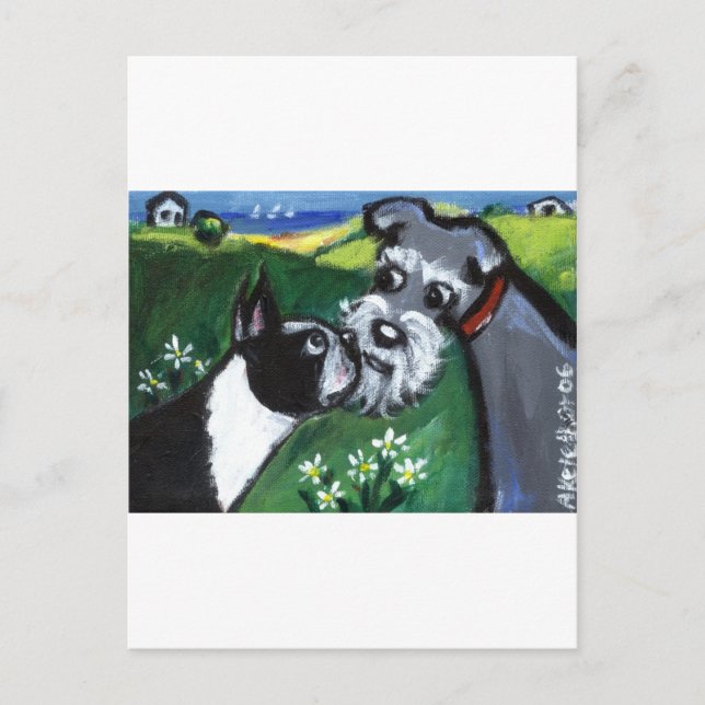 Boston Terrier & Schnauzer sniff Vykort (Framsida)