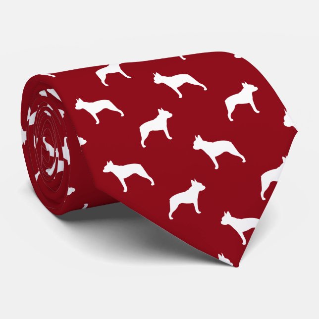 Boston Terrier Silhuett Mönster Röd och Vit Slips (Rullad)