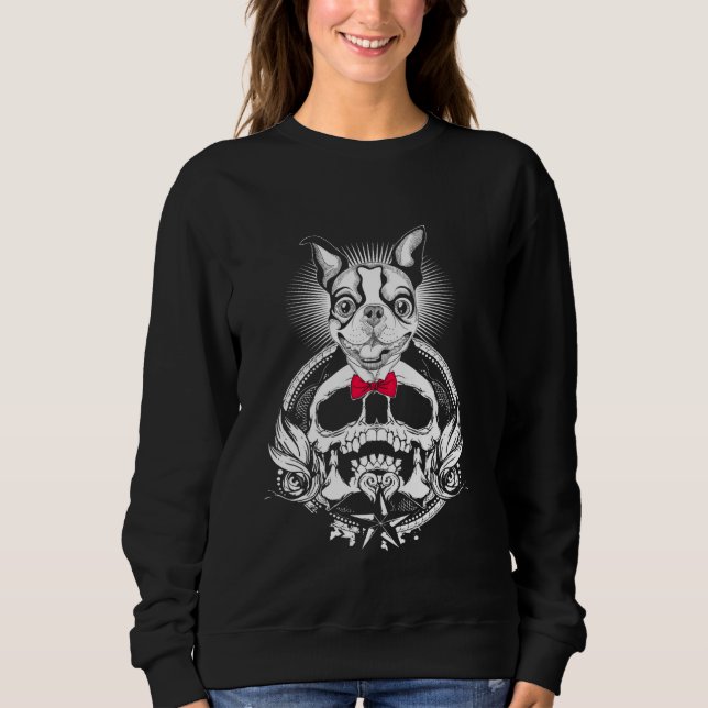 Boston Terrier Skull Funny Halloween för Hund T Shirt (Framsida)