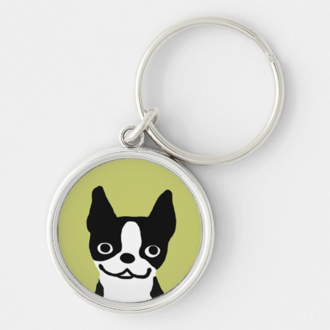 Boston Terrier Smile Rund Silverfärgad Nyckelring (Framsidan)