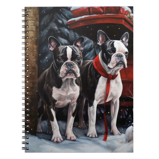 Boston Terrier Snöig släde Juldekoration Anteckningsbok (Framsidan)