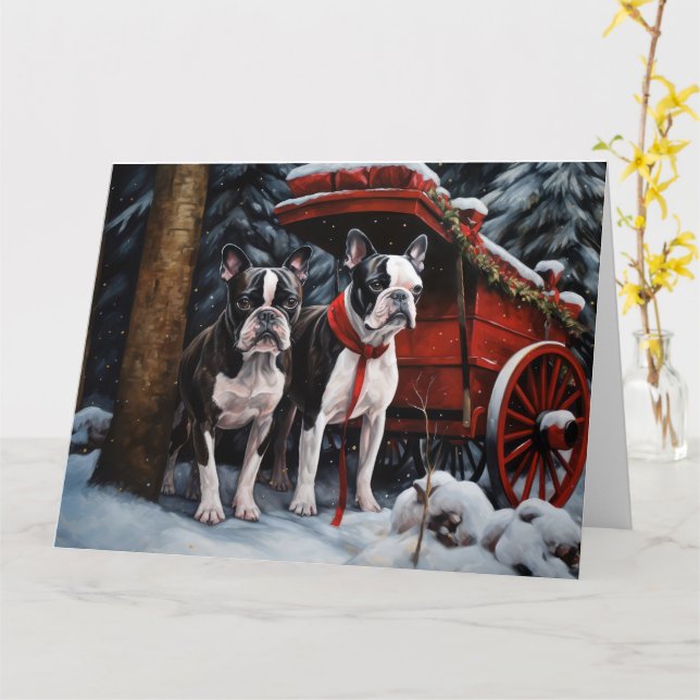 Boston Terrier Snöig släde juldekoration   Kort (Gul blomma)
