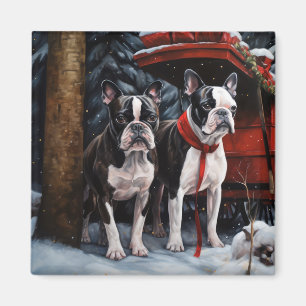 Boston Terrier Snöig släde Juldekoration Magnet