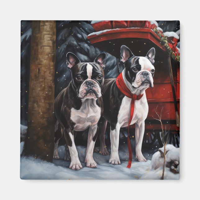 Boston Terrier Snöig släde Juldekoration Magnet (Framsidan)