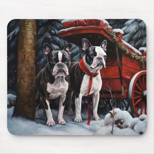 Boston Terrier Snöig släde Juldekoration Musmatta (Framsidan)