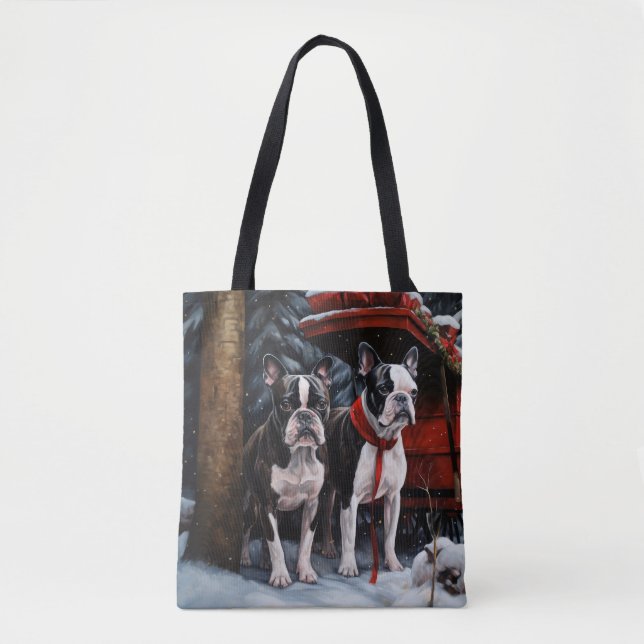 Boston Terrier Snöig släde Juldekoration Tygkasse (Framsida)