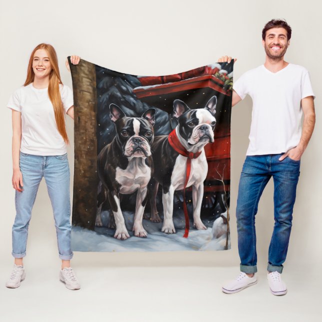 Boston Terrier Snösläd Juldekoration Fleecefilt (På plats)