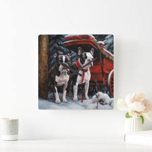 Boston Terrier Snösläd Juldekoration Fyrkantig Klocka