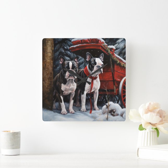 Boston Terrier Snösläd Juldekoration Fyrkantig Klocka (Hem)