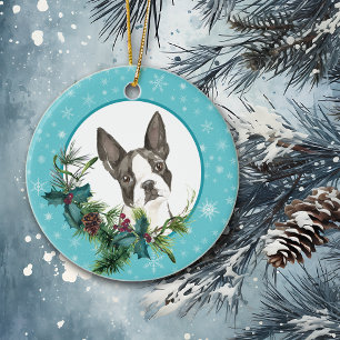 Boston Terrier Snowflake Blue Bouquet Julgransprydnad Keramik