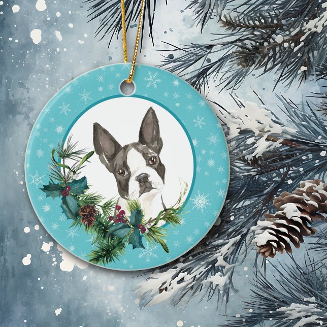 Boston Terrier Snowflake Blue Bouquet Julgransprydnad Keramik (Skapare uppladdad)