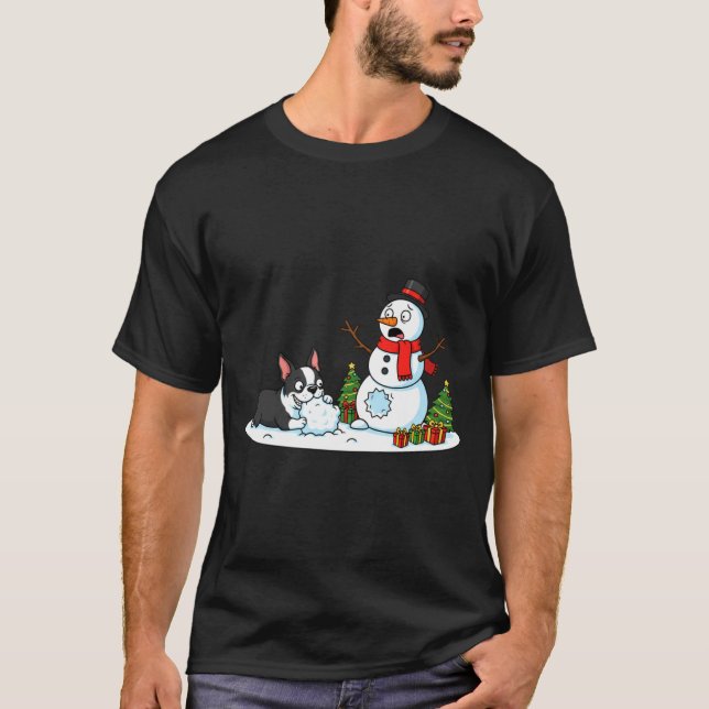 Boston Terrier Snowman Christmas Tree Xmas Womens  T Shirt (Framsida)