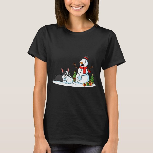 Boston Terrier Snowman Christmas Tree Xmas Womens  T Shirt (Framsida)