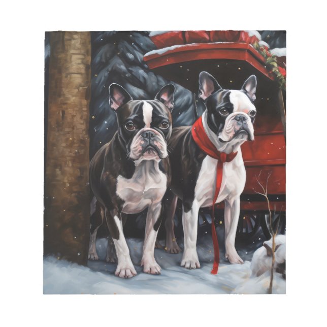 Boston Terrier Snowy Sleigh-juldekan Anteckningsblock (Framsida)