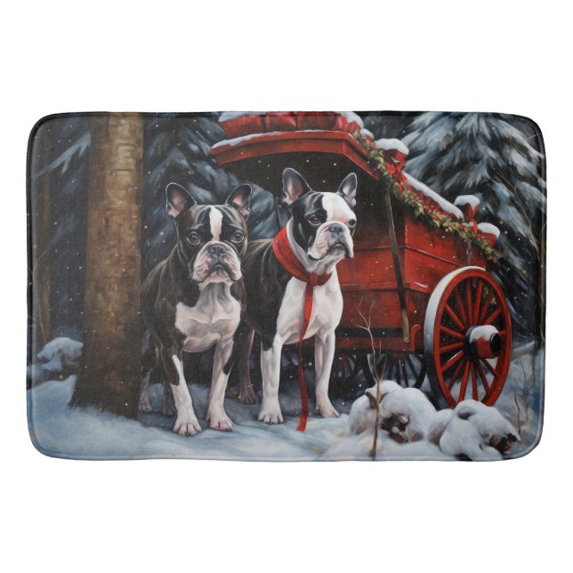 Boston Terrier Snowy Sleigh-juldekan Badrumsmatta (Framsidan)