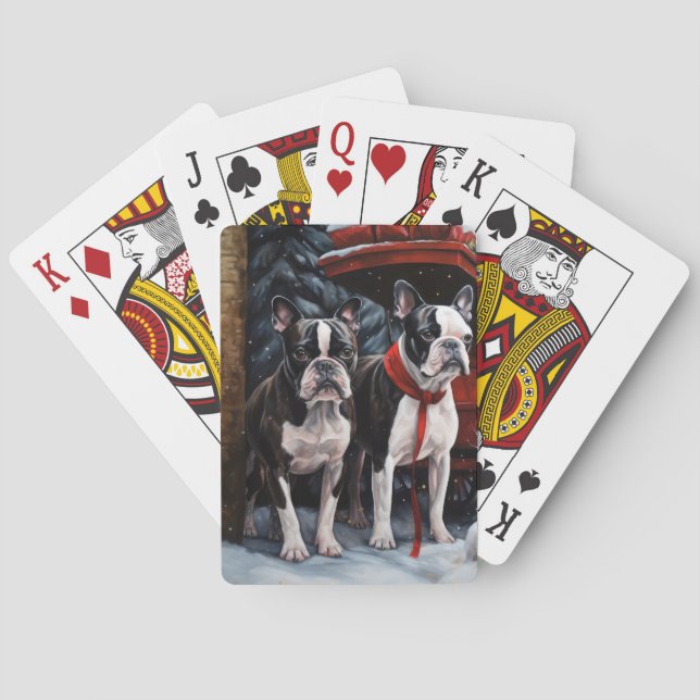 Boston Terrier Snowy Sleigh-juldekan Casinokort (Baksidan)
