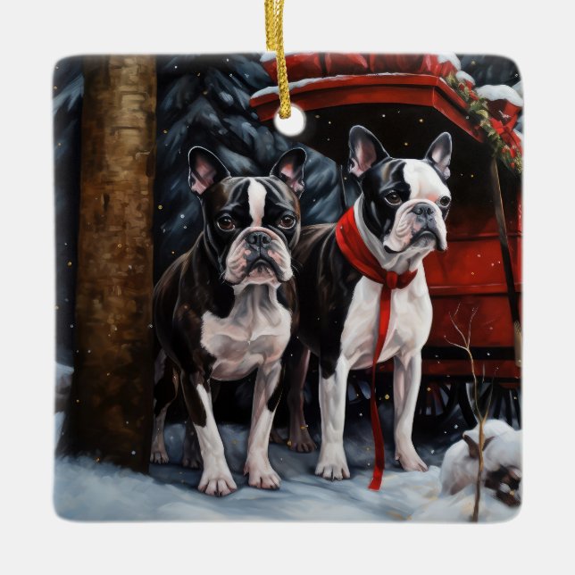 Boston Terrier Snowy Sleigh-juldekan Julgransprydnad Keramik (Framsida)