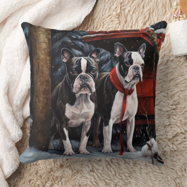Boston Terrier Snowy Sleigh-juldekan Kudde (Filt)