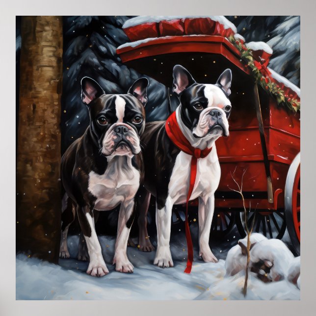 Boston Terrier Snowy Sleigh-juldekan Poster (Framsidan)