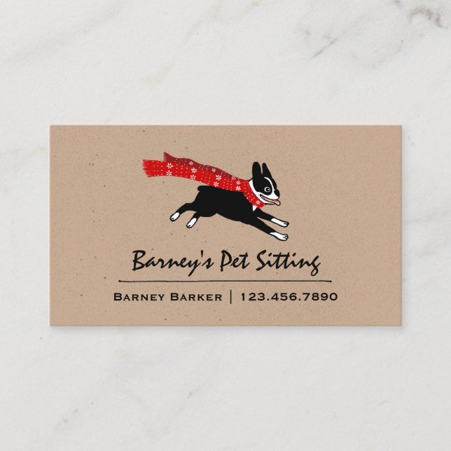 Boston Terrier som bär röd vinterscarf Visitkort (Framsida)