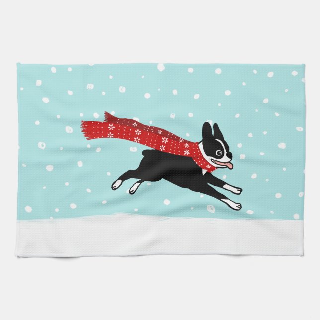Boston Terrier som springer i snön - Höjdags Hund Kökshandduk (Horisontell)