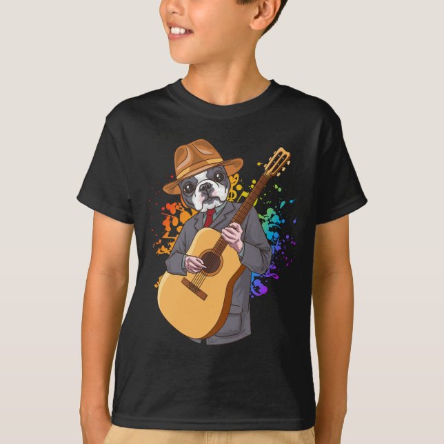 Boston Terrier spelar akoustic Guitar Boy T Shirt (Framsida)