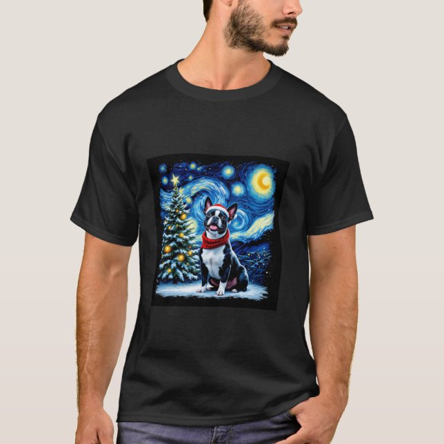 Boston Terrier Starry Night Christmas Van Gogh Dog T Shirt (Framsida)