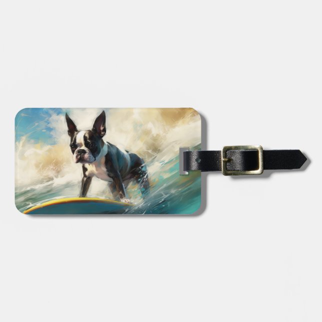 Boston Terrier Strand Surfing Målning Bagagebricka (Horisontell Framsida)