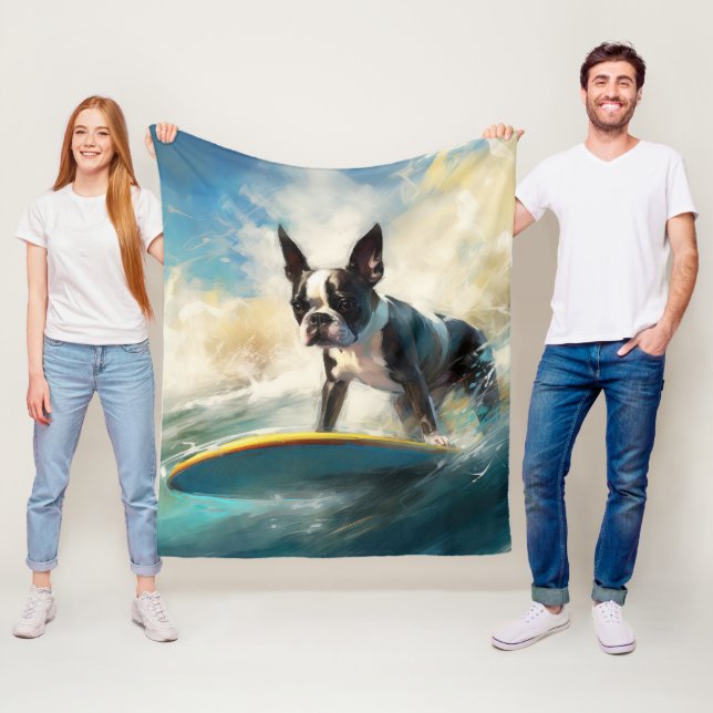 Boston Terrier Strand Surfing Målning Fleecefilt (På plats)