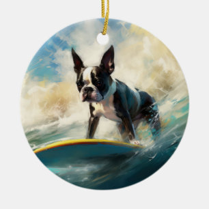 Boston Terrier Strand Surfing Målning Julgransprydnad Keramik