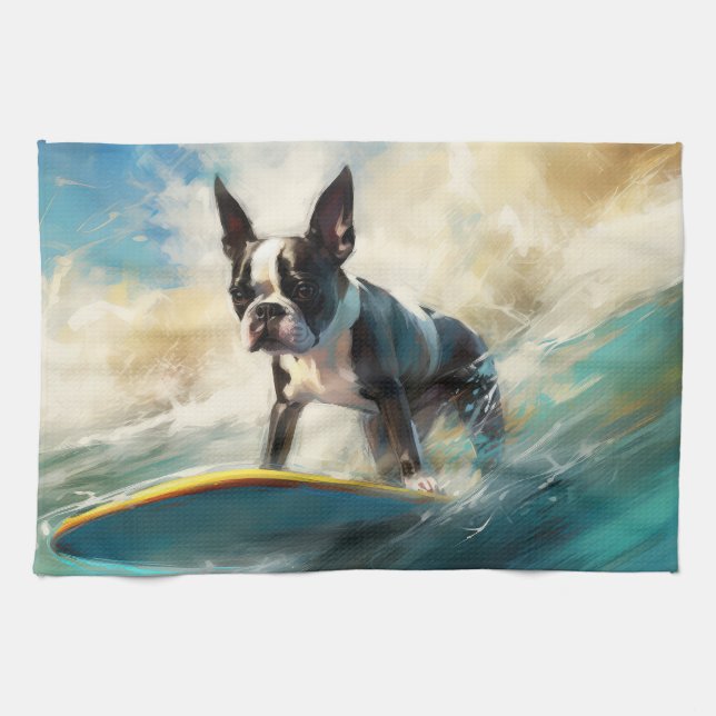 Boston Terrier Strand Surfing Målning Kökshandduk (Horisontell)