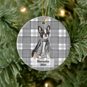 Boston Terrier Svart Vit Plaid Personlig Hund Julgransprydnad Keramik