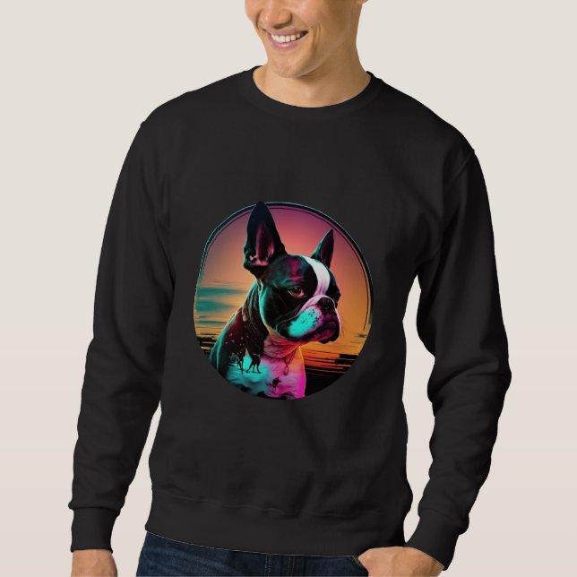 Boston Terrier Synthwave 80s Retrowave Aesthetic   Lång Ärmad Tröja (Framsida)