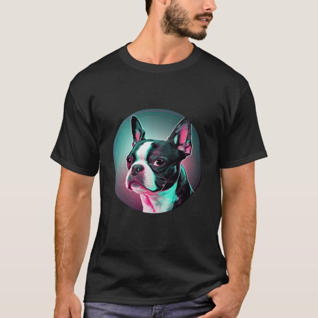 Boston Terrier Synthwave 80s Retrowave Aesthetic T Shirt (Framsida)