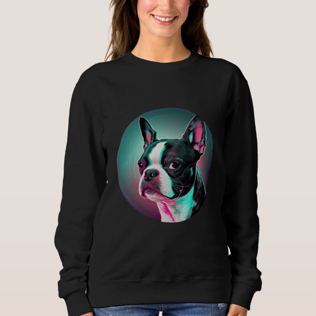 Boston Terrier Synthwave 80s Retrowave Aesthetic T Shirt (Framsida)