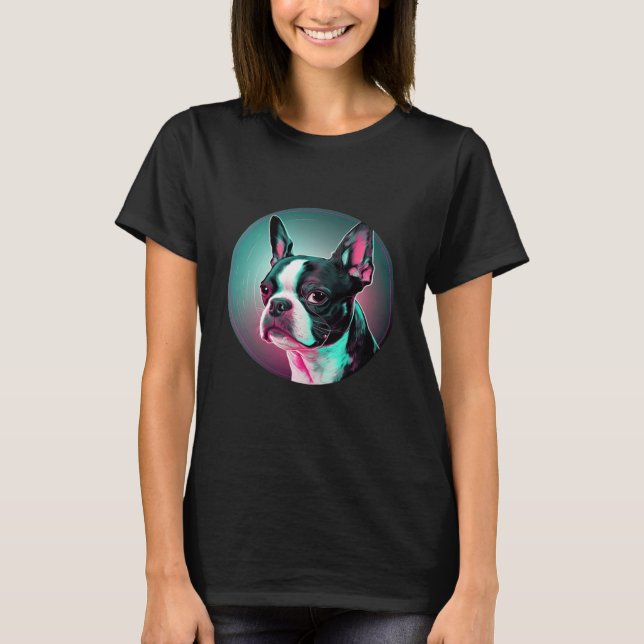 Boston Terrier Synthwave 80s Retrowave Aesthetic T Shirt (Framsida)