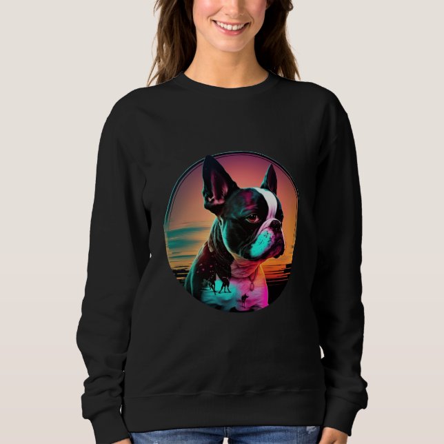 Boston Terrier Synthwave 80s Retrowave Aesthetic   T Shirt (Framsida)