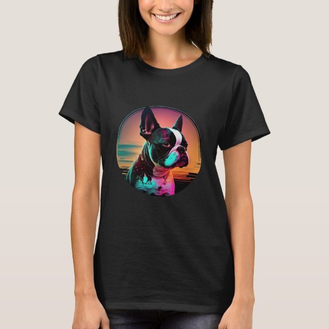 Boston Terrier Synthwave 80s Retrowave Aesthetic   T Shirt (Framsida)