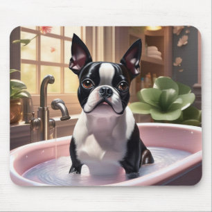 Boston Terrier tar en Bubble Bath Musmatta