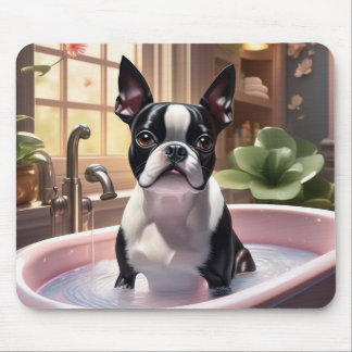 Boston Terrier tar en Bubble Bath Musmatta