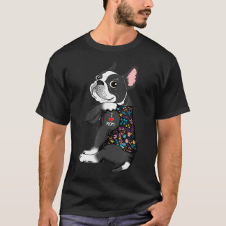 Boston Terrier Tattoo I kärlek Mamma Flower Pitbul T Shirt