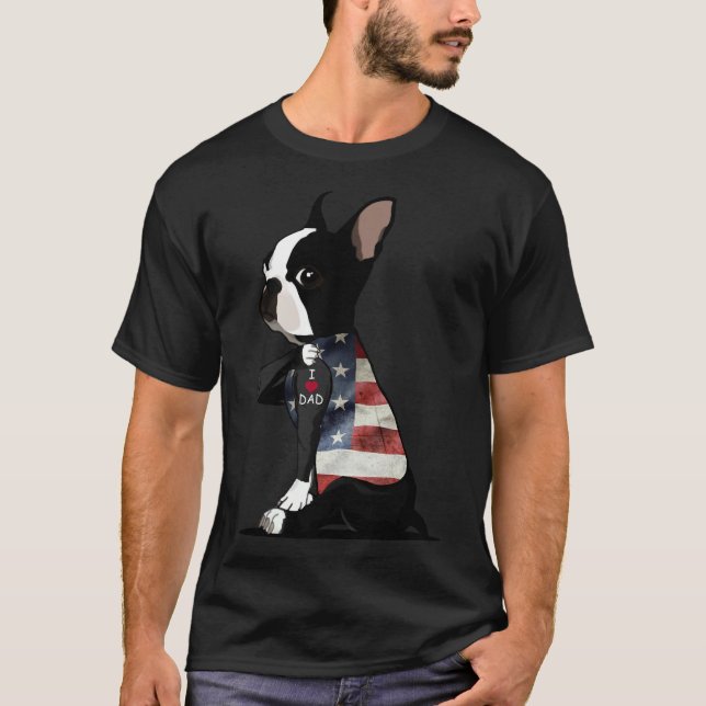 Boston Terrier Tattoos I Kärlek Pappa Fars dag T Shirt (Framsida)