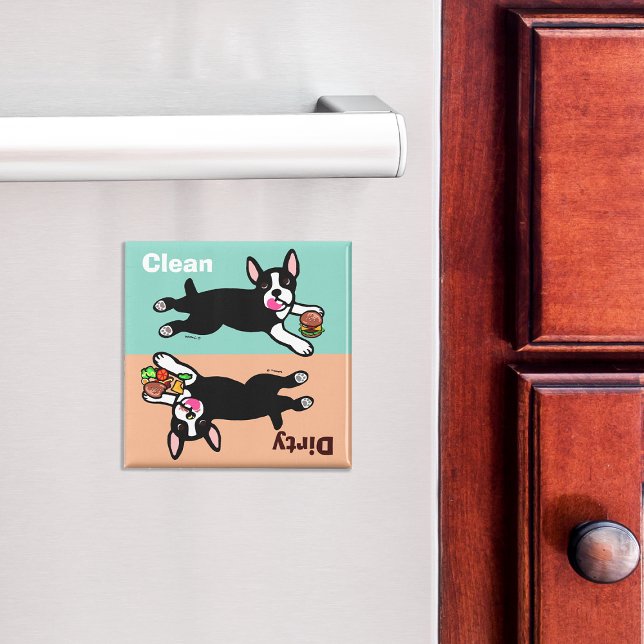 Boston Terrier Tecknad Dirty/Clean Magnet (Cute Boston Terrier Cartoon Dishwasher Magnet.)