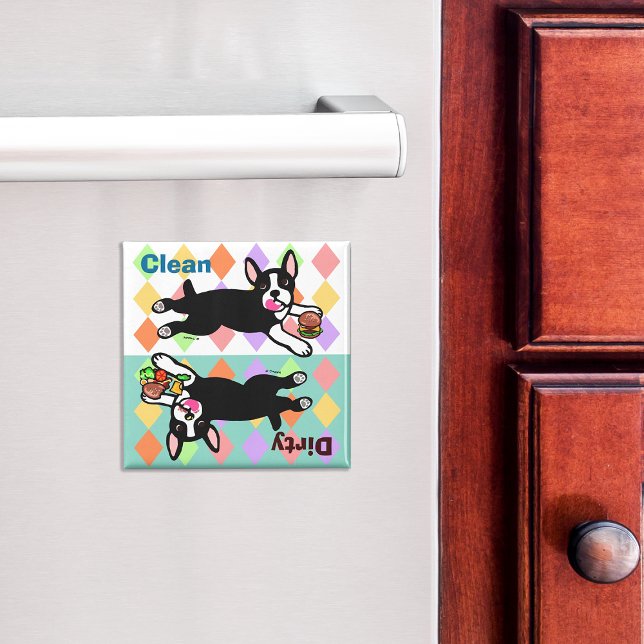 Boston Terrier Tecknad Dirty/Clean Magnet (Cute Boston Terrier Cartoon Dishwasher Magnet.  Diamond shaped pattern background.)