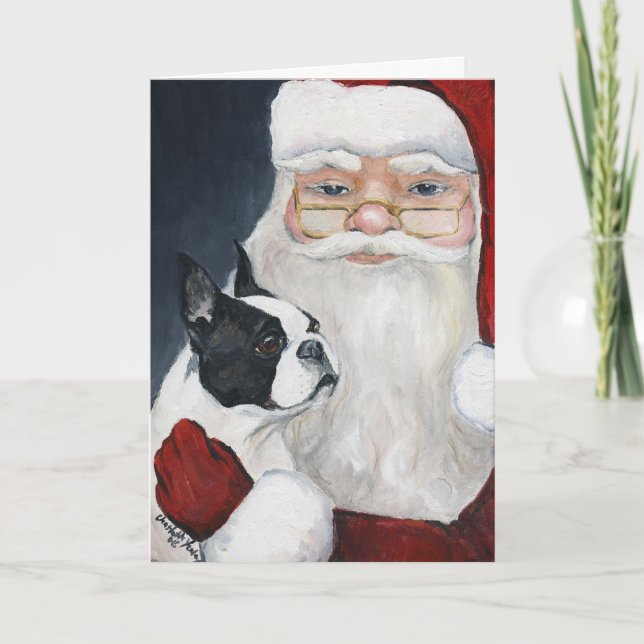 "Boston Terrier Tells Santa" Art-julkort Helgkort (Framsida)