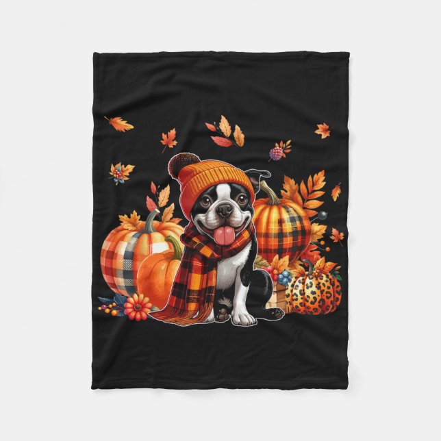 Boston Terrier Thanksgiving Leopard Pumpkins Fall Fleecefilt (Framsidan)